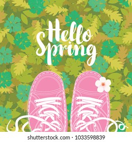 Spring banner with the inscription Hello Spring and pink shoes on the background of seamless texture of green leaves of various shades. Vector illustration