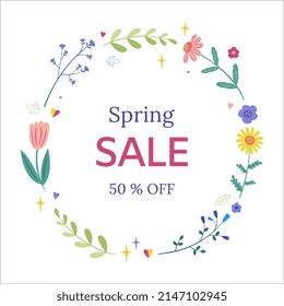 Spring banner with the inscription sale. Vector illustration with flowers and leaves. The spring background can be used as a greeting card, poster, invitation template, leaflet.