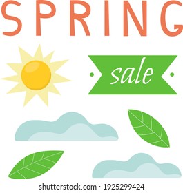 Spring banner in juicy colors. Vector illustration of the spring sale concept. Template for advertising with sun, leaves, clouds and text