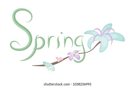 Spring banner with leaf lettering and exotic blooming. Template vector illustration for holiday greeting card. Isolated on white background. Simple design without effects. Poster flyer copyspace. 