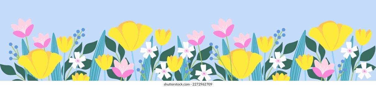 Spring banner. light blue background with bright yellow spring flowers. Vector illustration