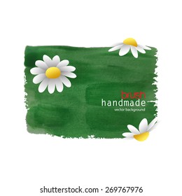 Spring banner made of green acrylic paint with daisies, floral vector background