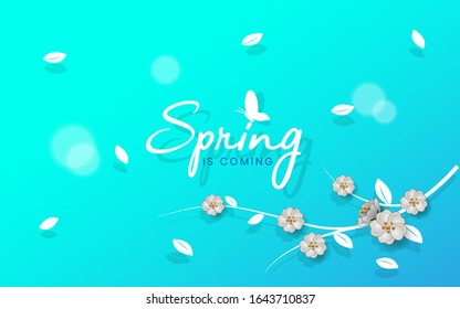 Banner de primavera con flores de cerezo en flor de papel sobre fondo azul para el diseño estacional de banner, volante, afiche, sitio web. Estilo de arte de corte de papel, ilustración vectorial