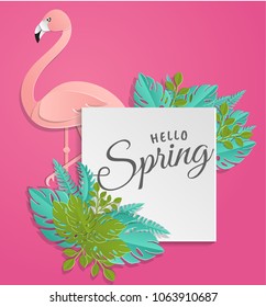 Spring banner with paper cut frame and tropical plants on green background, floral design for banner, flyer, invitation, poster, web site or greeting card. Paper cut style, vector illustration