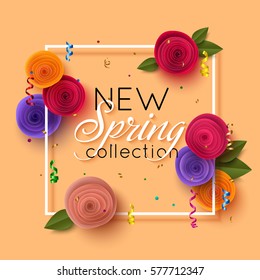 Spring banner with paper flowers for online shopping, advertising actions, magazines and websites. Vector illustration.