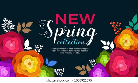  Spring banner with paper flowers for wallpaper, flyer, magazine, online, advertising actions. Vector illustration.