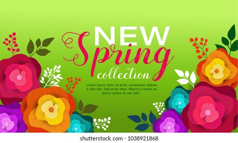 Spring banner with paper flowers for wallpaper, flyer, magazine, online, advertising actions. Vector illustration.