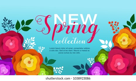 Spring banner with paper flowers for wallpaper, flyer, magazine, online, advertising actions. Vector illustration.