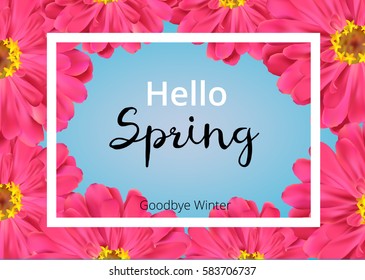 Spring banner with pink flowers on blue background. Hello Spring banner. Spring template for design. Vector illustration