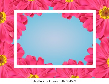 Spring banner with pink flowers on blue background. Frame with flowers. Spring template for design. Vector illustration.