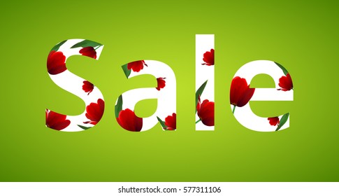Spring banner with red flowers on green background. Spring sale banner with tulips. Spring template for design. Vector illustration.