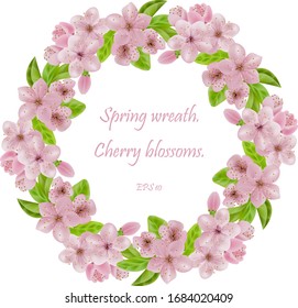 Spring banner. Round frame, a wreath of pink cherry flowers on the branches of trees. place for text . EPS 10