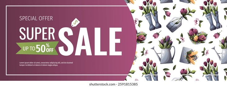 Spring banner with rubber boots with tulips and watering can with purple flowers. Spring time, nature, gardening. Vector illustration for banner, advertising, promo, sale