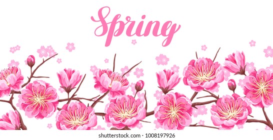 Spring banner with sakura or cherry blossom. Floral japanese ornament of blooming flowers.