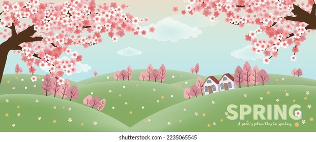 Frühlingsbanner mit Sakura-Baum und Haus auf Hang