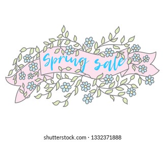 Spring banner sale design. Season sale vector label with flower. Spring floral background. Label ribbon tag. Sale poster template label. Happy spring day