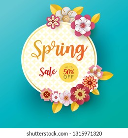 Spring banner sale. With leaf and colorful flowers design. Paper cut art style on blue background.For a festive season Vector illustration.