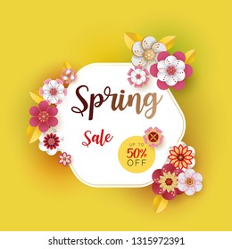 Spring banner sale. With leaf and colorful flowers design. Paper cut art style on yellow background.For a festive season Vector illustration.