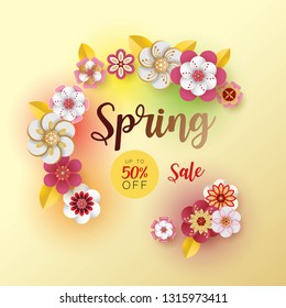 Spring banner sale. With leaf and colorful flowers design. Paper cut art style on cream background.For a festive season Vector illustration.