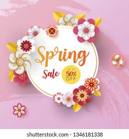 Spring banner sale. With leaf and colorful flowers design. Paper cut art style on purple background.For a festive season Vector illustration.