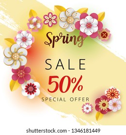 Spring banner sale. With leaf and colorful flowers design. Paper cut art style on cream background.For a festive season Vector illustration.