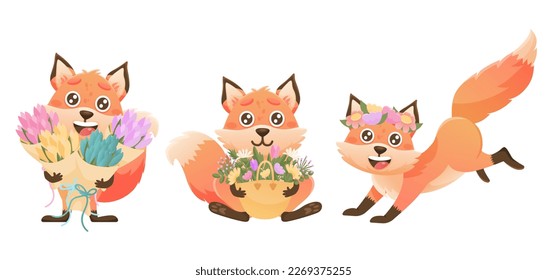 Spring banner set and cute fox  bouquet  bag flowers  Vector cute fox character set 