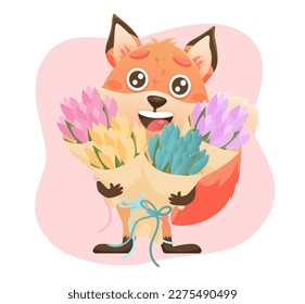 Spring banner set and cute fox  bouquet  Vector cute fox character  Animal wildlife holidays cartoon 