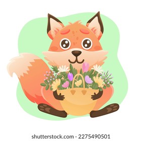 Spring banner set and cute fox  bag flowers  Vector cute fox character  Animal wildlife holidays cartoon 