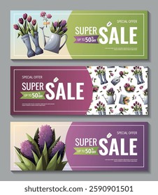 Spring banner set with rubber boots with tulips and watering can with purple flowers. Spring time, nature, gardening. Vector illustration for banner, advertising, promo, sale