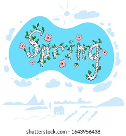 Spring banner sketched doodle hand drawn flowers and leaves. Greeting card, template, poster. Vector isolated illustration background