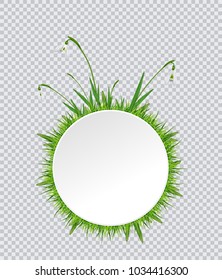 Spring banner with snowdrop and grass border around. Vector illustration.