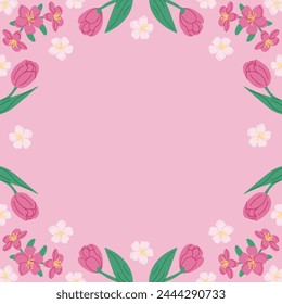 Plantilla de Anuncio de primavera con tulipanes y flores de cerezo sobre fondo rosa. Plantilla de marco o estampado de diseño con flores de primavera dibujadas a mano. Bueno para Anuncio, fondo, gráficos de redes sociales