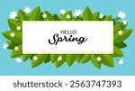 Spring banner template with white flowers, lilies of the valley and leaves. Background for spring sale, spring greeting, invitation and other designs.