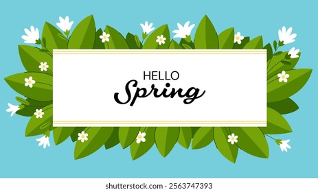 Spring banner template with white flowers, lilies of the valley and leaves. Background for spring sale, spring greeting, invitation and other designs.