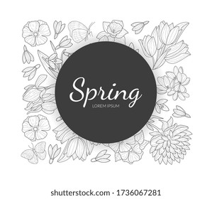 Spring Banner Template with Wild Flowers and Leaves Pattern Hand Drawn Vector Illustration