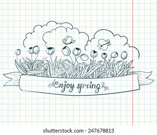 Spring banner with tulips and butterfly