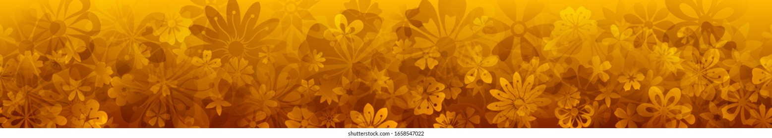 Spring banner of various flowers in golden colors with seamless horizontal repetition