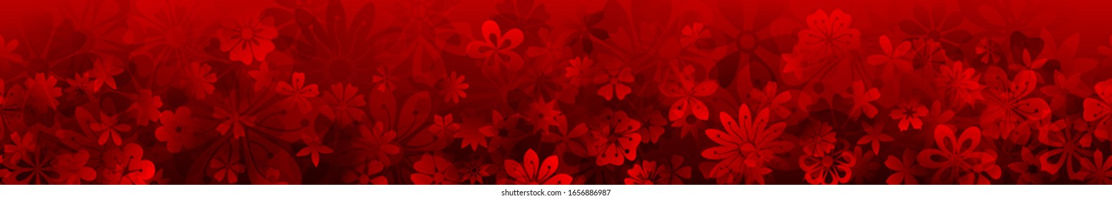 Spring banner of various flowers in red colors with seamless horizontal repetition