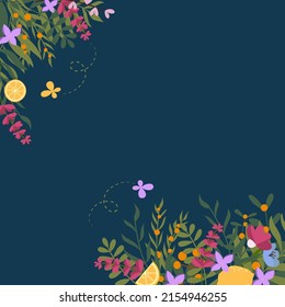 Spring banner vector illustration. Cute summer holiday design colourful flowers, lemons, leaves and butterflies