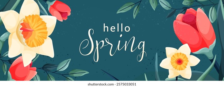 Spring banner vector illustration. Cute tulip and daffodil flowers, leaves, textures, text for floral spring design, easter, birthday, mothers day. Isolated on dark background.