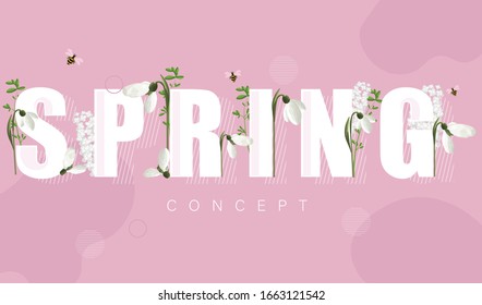 Spring banner with white snowdrops and lilac flowers