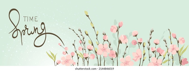 Cartel de primavera. Flor de flores y cerezo. Ilustración vectorial, fondo sobre el tema de la floración y la primavera.	
