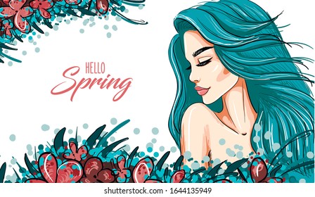 spring banner with woman blue hair art