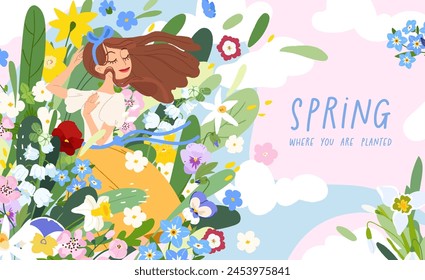 Anuncio de primavera con mujer rodeada de flores en un campo. Bonita tarjeta y afiche, portada de los medios sociales para las vacaciones de primavera. Mostrando la belleza de la naturaleza y la botánica