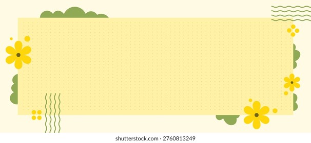 Spring banner with yellow flowers and abstract shapes on soft dotted background. Clean layout with copy space, perfect for web headers, cards, posters and seasonal floral design projects.