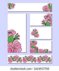 Spring banners with cute twigs of a blossoming apple tree. Design for decoration, announcements, cards, advertising, invitations, weddings, posters, print. Vector stock illustration.