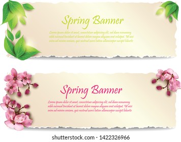 Spring banners with leaves and flowers. Vector illustration