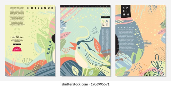 Spring banners and notebook covers designs. Kids illustration with singing bird and beautiful green landscapes. Vector cards, invitations and covers collection.