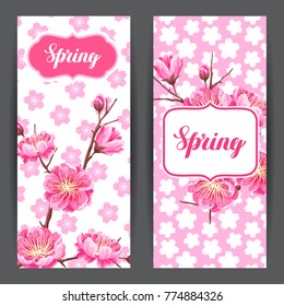 Spring banners with sakura or cherry blossom. Floral japanese ornament of blooming flowers.