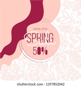 Spring banners Sale Special Offer template with doodle pink flowers and leaves. Creative universal editable card in trendy style with hand drawn textures for social media promo, banners, flyers, web